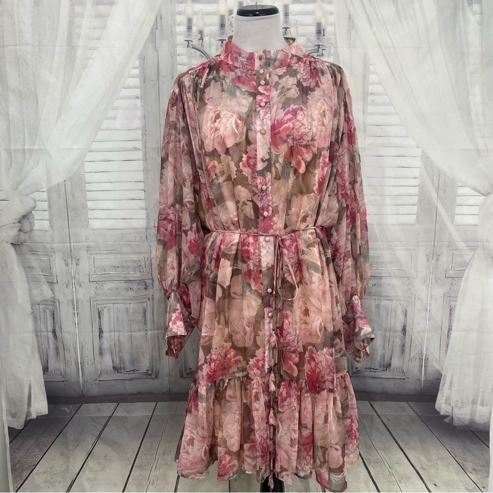 Alex Marie 24W Pink Purple Floral Long Puffed Sleeve Mock Neck Tiered Hem Dress - Picture 2 of 14